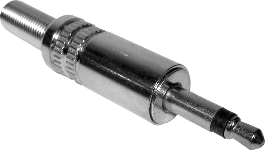 Adaptateur métallique pour une prise jack, montrant le côté avant avec une fiche clairement visible et un boîtier strié.