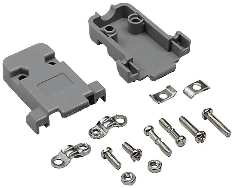 Kit de boîtier comprenant deux couvercles en plastique gris, plusieurs vis et pièces de connexion métalliques pour composants électroniques.