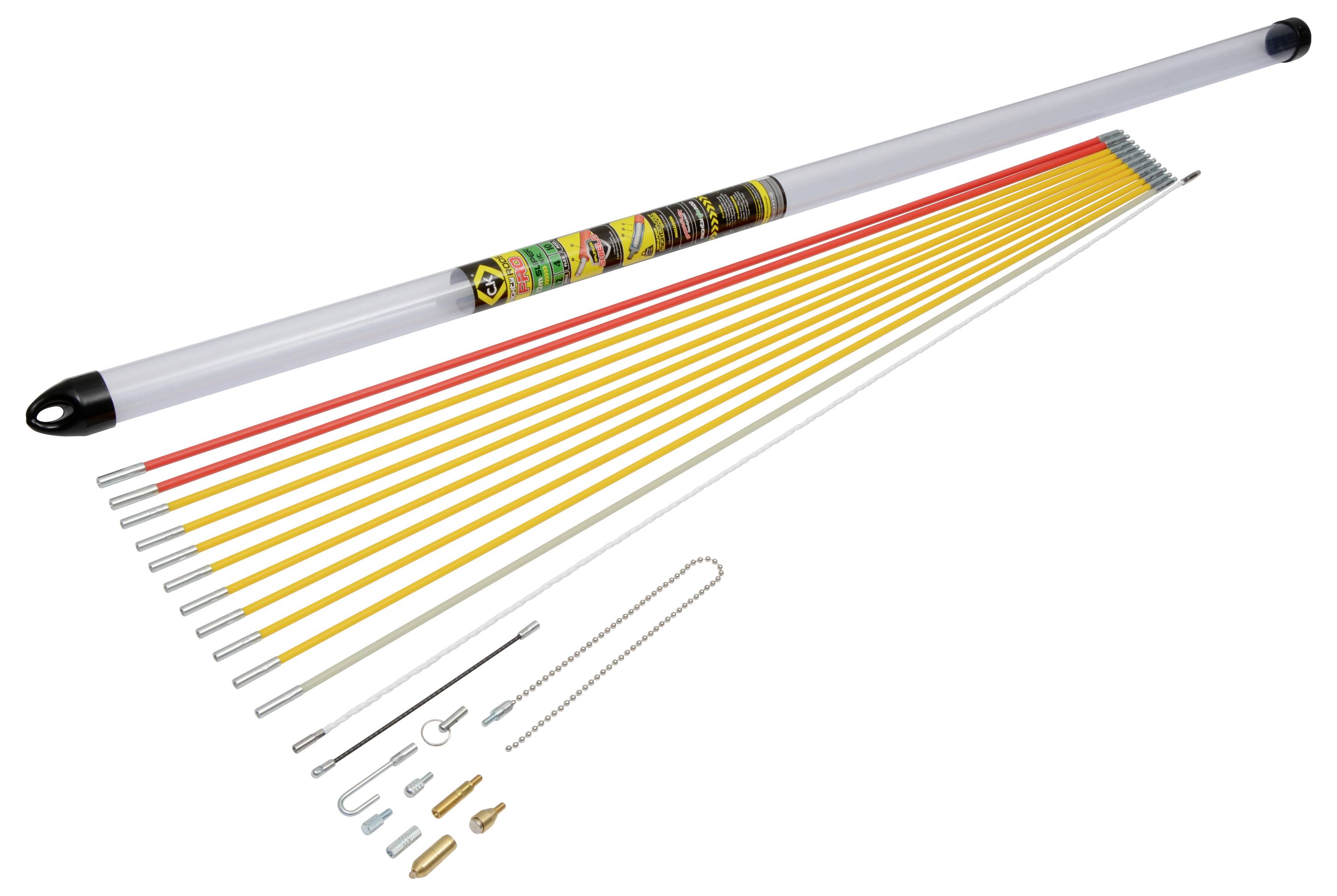 'Accessoires de cerf-volant : Tube en plastique avec baguettes de cerf-volant en jaune, rouge, blanc. Divers crochets, capuchons et une chaîne pour la fixation.'