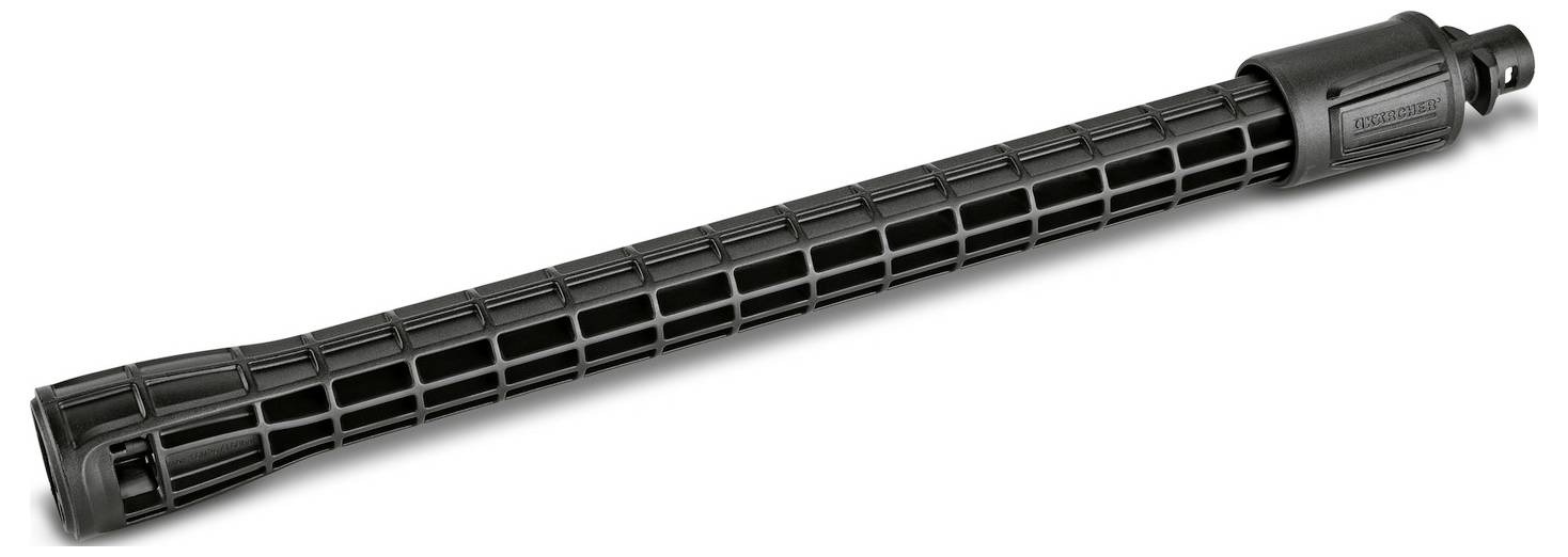 Un embout de nettoyeur haute pression noir avec une prise texturée repose horizontalement, révélant sa conception allongée et robuste adaptée au nettoyage à haute pression.