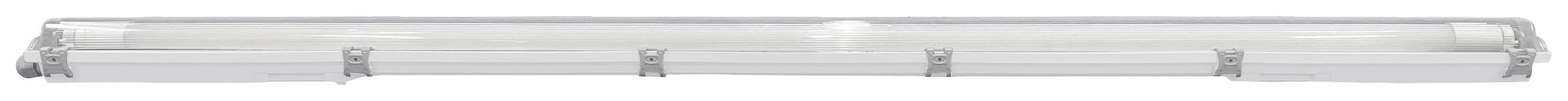 Longue lampe fluorescente blanche avec un boîtier étroit, montée sur un mur ou un plafond.