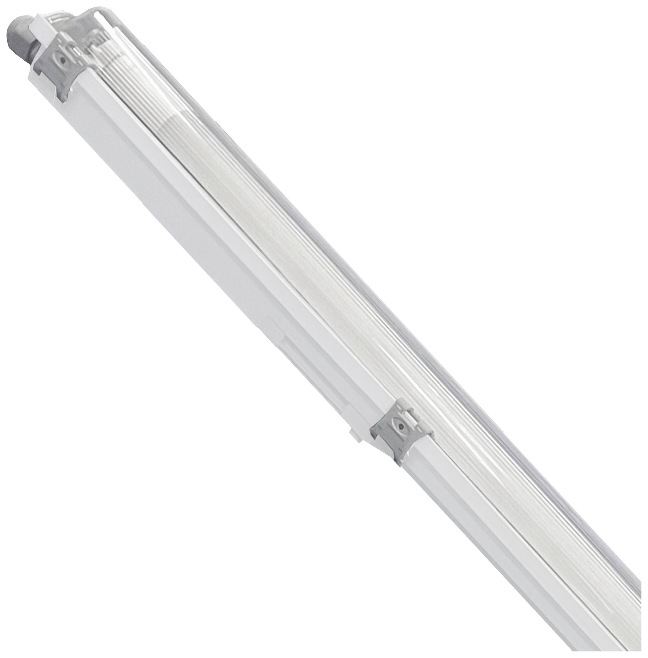 Un luminaire LED allongé dans un boîtier en matériau transparent, adapté à une installation au plafond dans des environnements industriels.