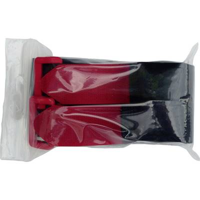 Un sac en plastique transparent contient deux sangles pliées, l'une rouge et l'autre noire, avec des boucles rouges.