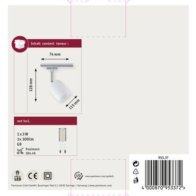 Emballage d'un projecteur LED Paulmann monofocal. Dimensions : 128 mm x 74 mm x 115 mm. Classe d'efficacité énergétique G ; ampoule non fournie.