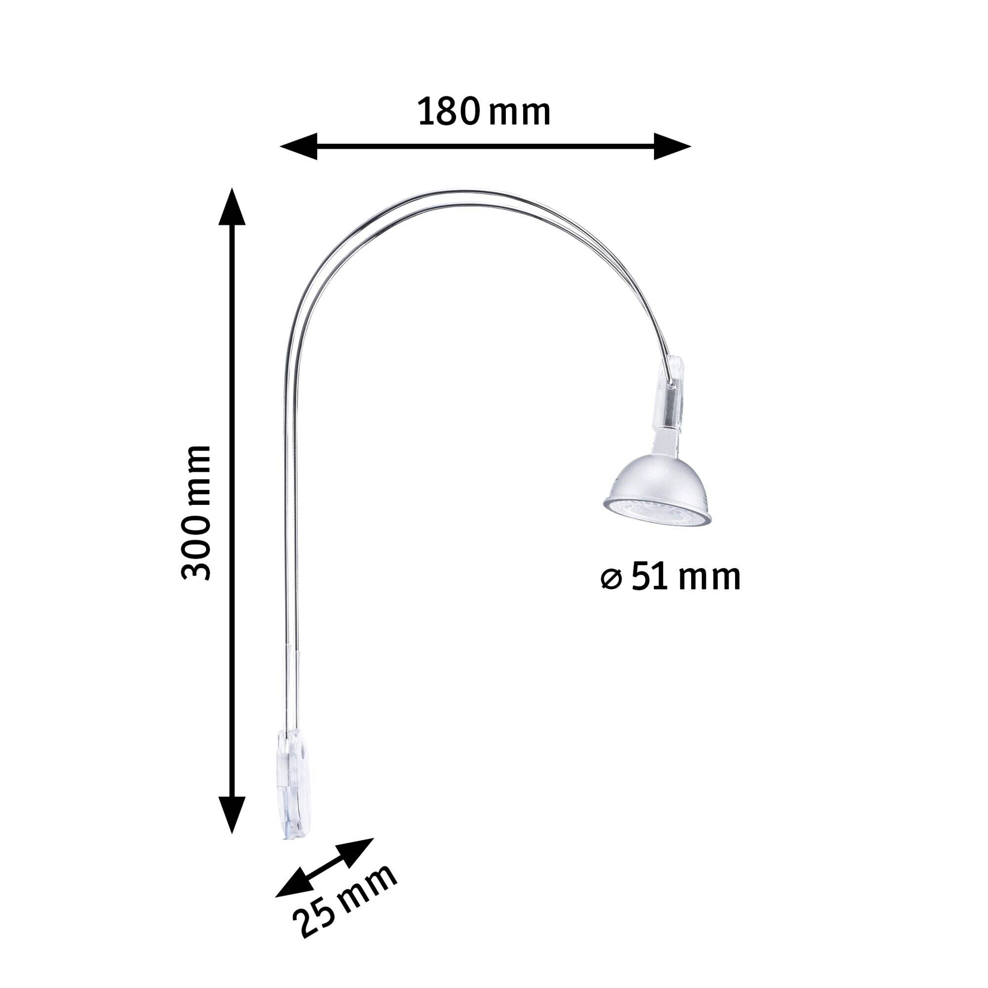 Lampe de bureau arquée avec abat-jour transparent et pince, hauteur totale de 300 mm, portée de 180 mm, diamètre de l'abat-jour de 51 mm.