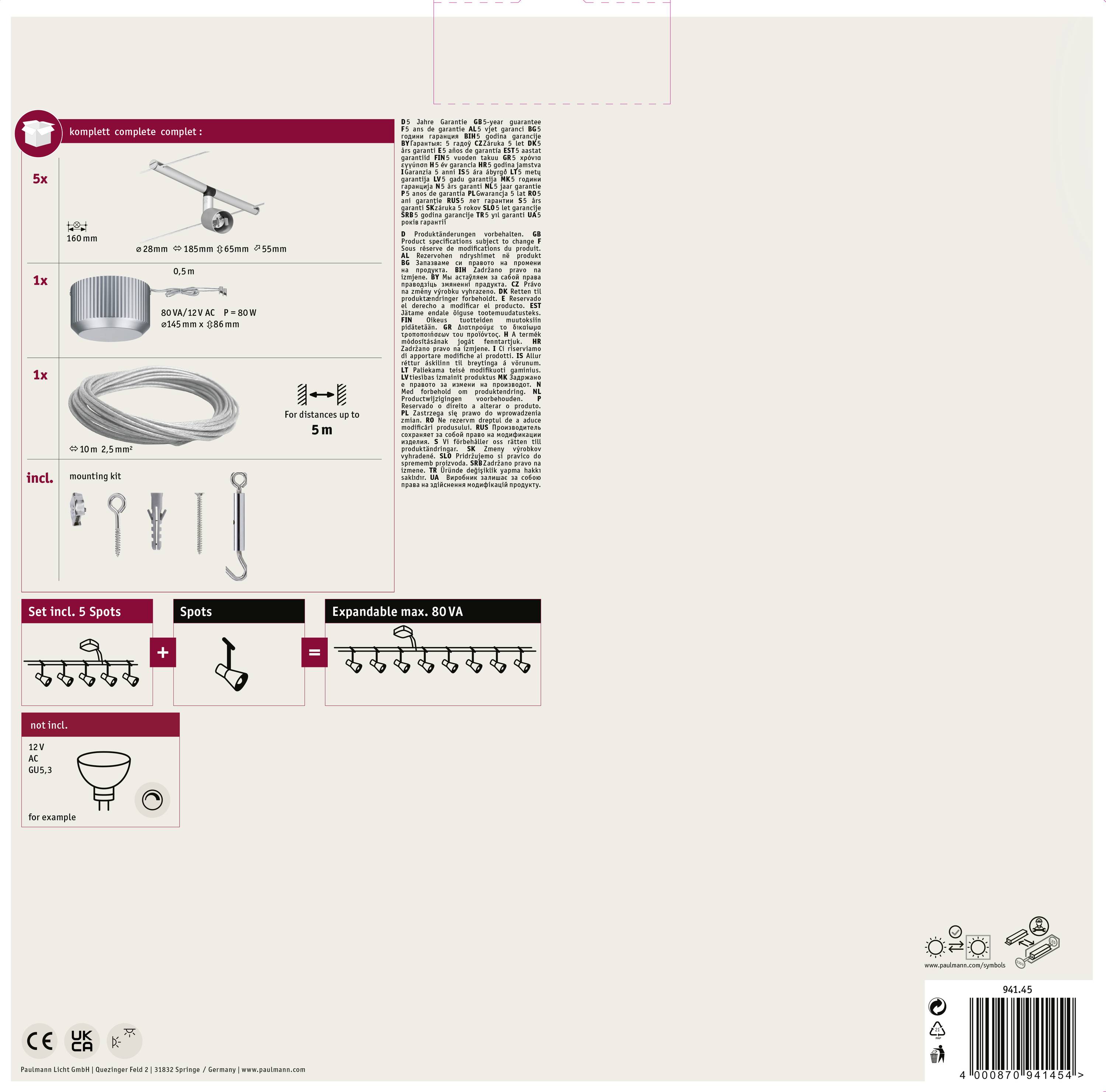 Ensemble 'Set incl. 5 Spots' : Système d'éclairage avec rails, câbles, supports et ampoules pour montage au plafond. Puissance maximale : 80VA.