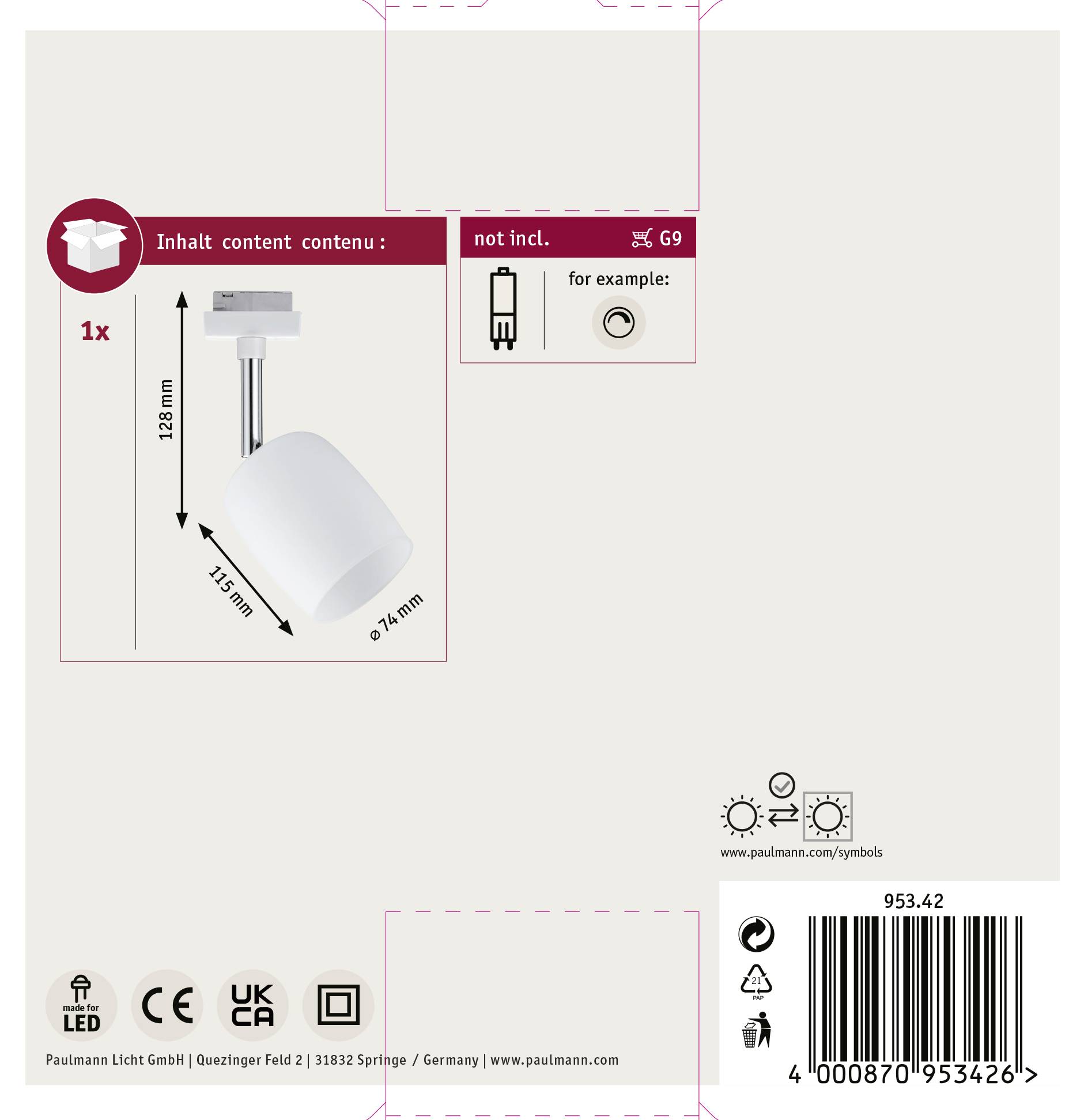 Emballage d'accessoires d'éclairage avec un projecteur blanc, dimensions 128 mm x 74 mm, exemple d'ampoule non inclus et instructions de montage.