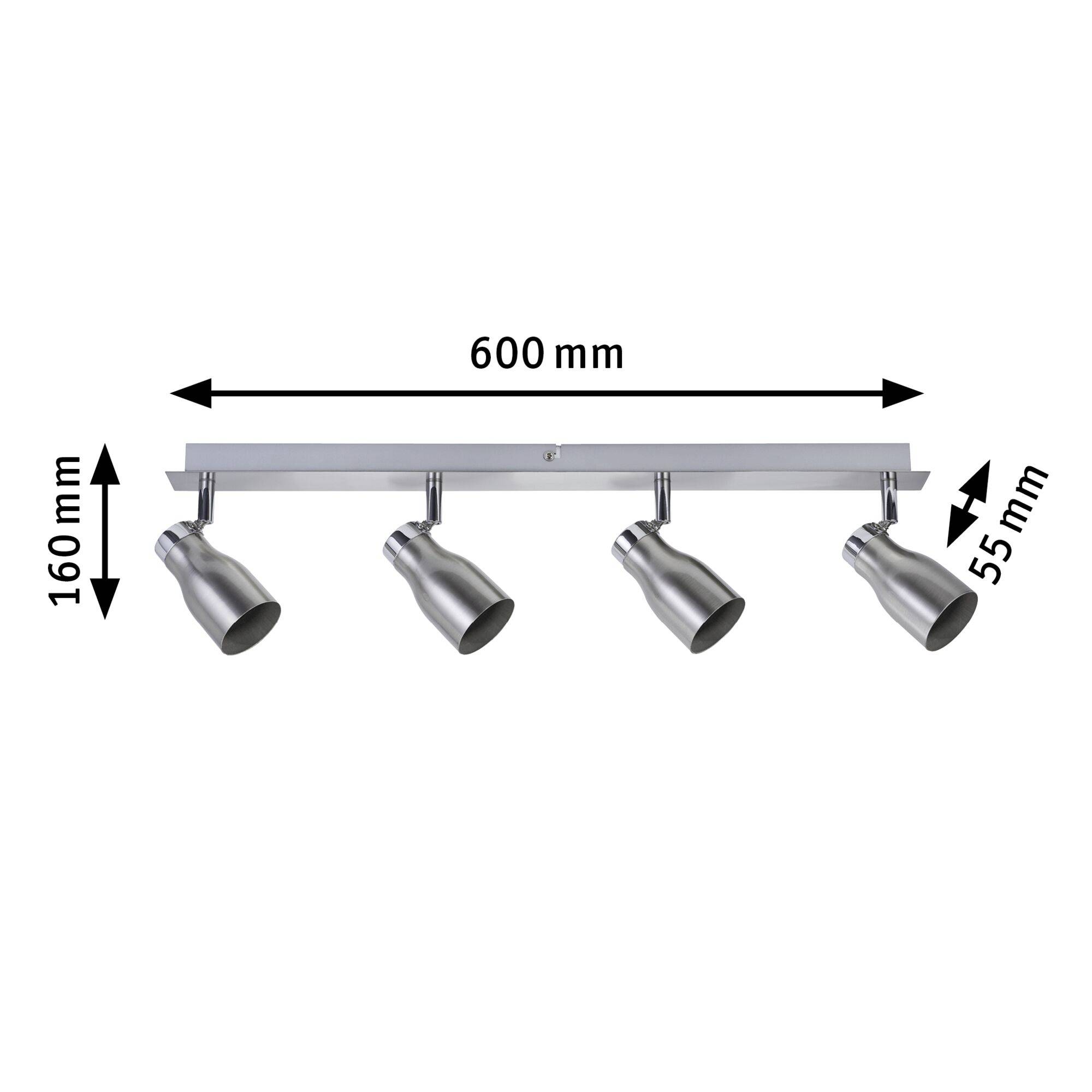 Plafonnier métallique à quatre spots, long de 600 mm et haut de 160 mm, avec des spots orientables, idéal pour un éclairage ciblé des espaces.