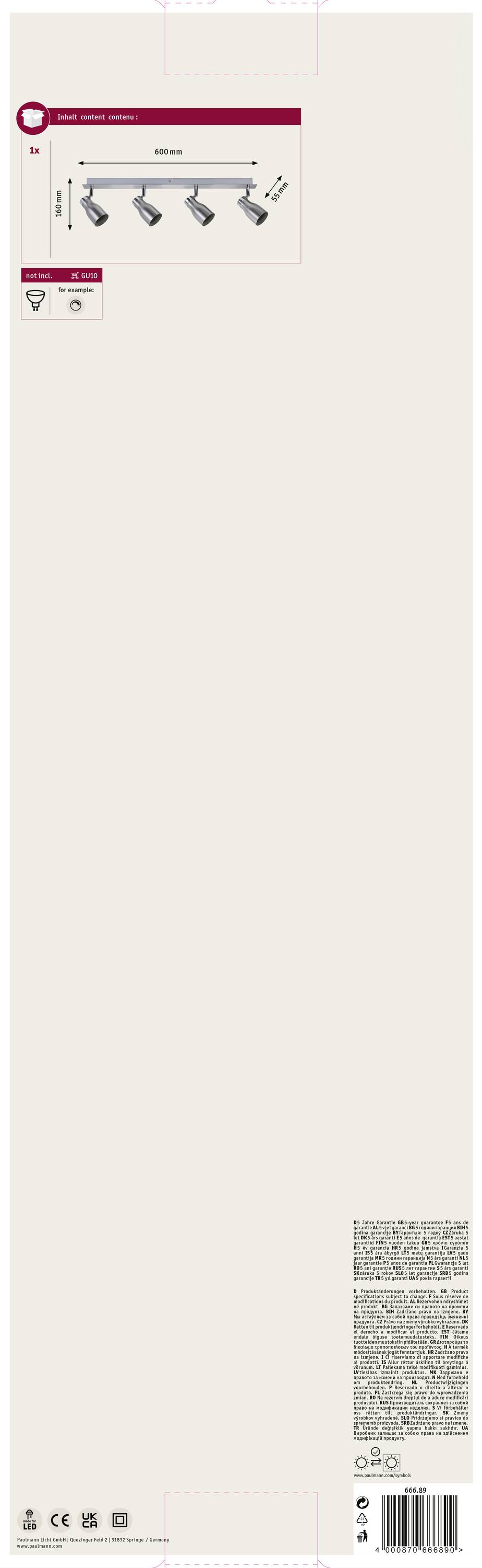 Emballage en carton d'un radiateur de plafond avec dessin du radiateur, dimensions, symboles de produit et consignes de sécurité.