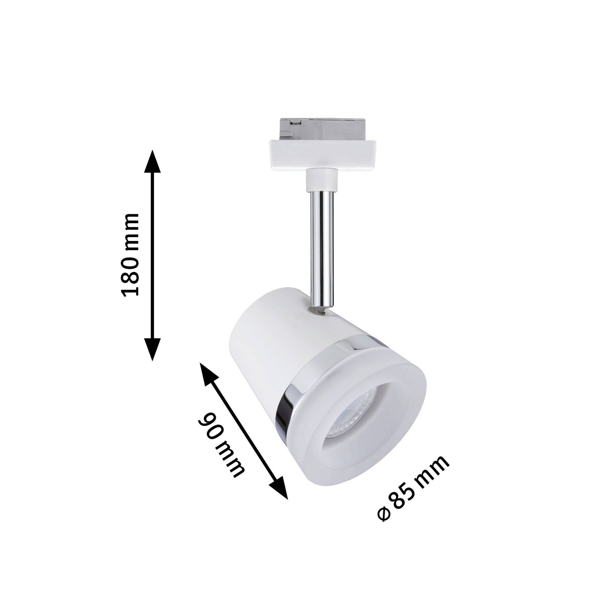 Spot lumineux en métal à tête orientable : hauteur totale 180 mm, profondeur 90 mm, diamètre 85 mm. Idéal pour un éclairage directionnel.