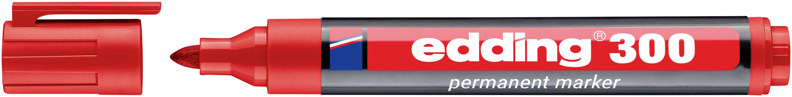 Marqueur permanent Red Edding 300 avec bouchon retiré, montrant la pointe biseautée et l'étiquette imprimée « edding 300 » sur le corps du marqueur.