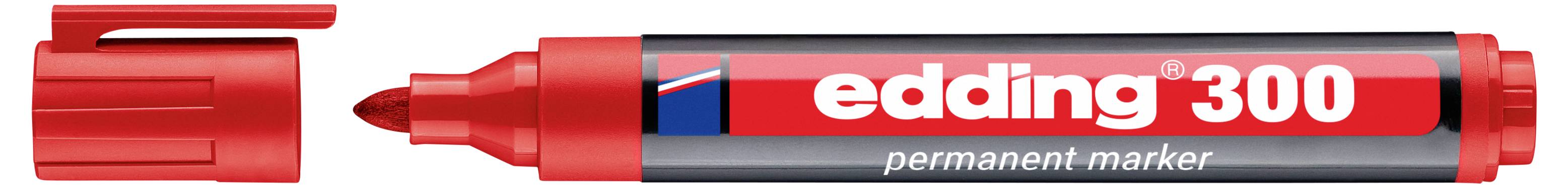 Marqueur permanent Red Edding 300 avec capuchon retiré, montrant la pointe ciseau et le fût de marque.