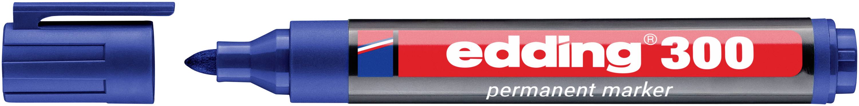 Marqueur permanent Edding 300 bleu avec une pointe biseautée et une étiquette rouge et blanche, présenté horizontalement sur fond blanc.