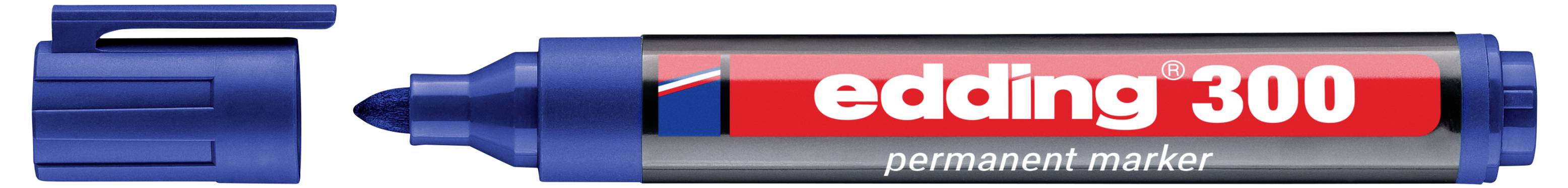 Marqueur permanent Edding 300 bleu avec capuchon retiré, montrant la pointe et la marque rouge et blanche sur le fût.