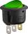 Un interrupteur à bascule vert avec un boîtier noir, trois bornes métalliques sur la face inférieure. Convient pour jusqu'à 10A, 250V.