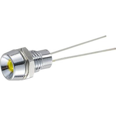 Une LED métallique à lumière jaune, avec deux fils sortants, conçue pour le montage. Principalement utilisée dans les appareils électroniques.