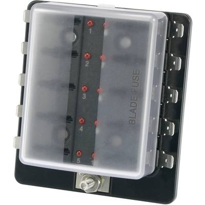 'Boîte à fusibles comportant cinq supports de fusibles numérotés. Couvercle portant l'inscription "BLADE FUSE". Des LED indiquent le statut de chaque fusible.'