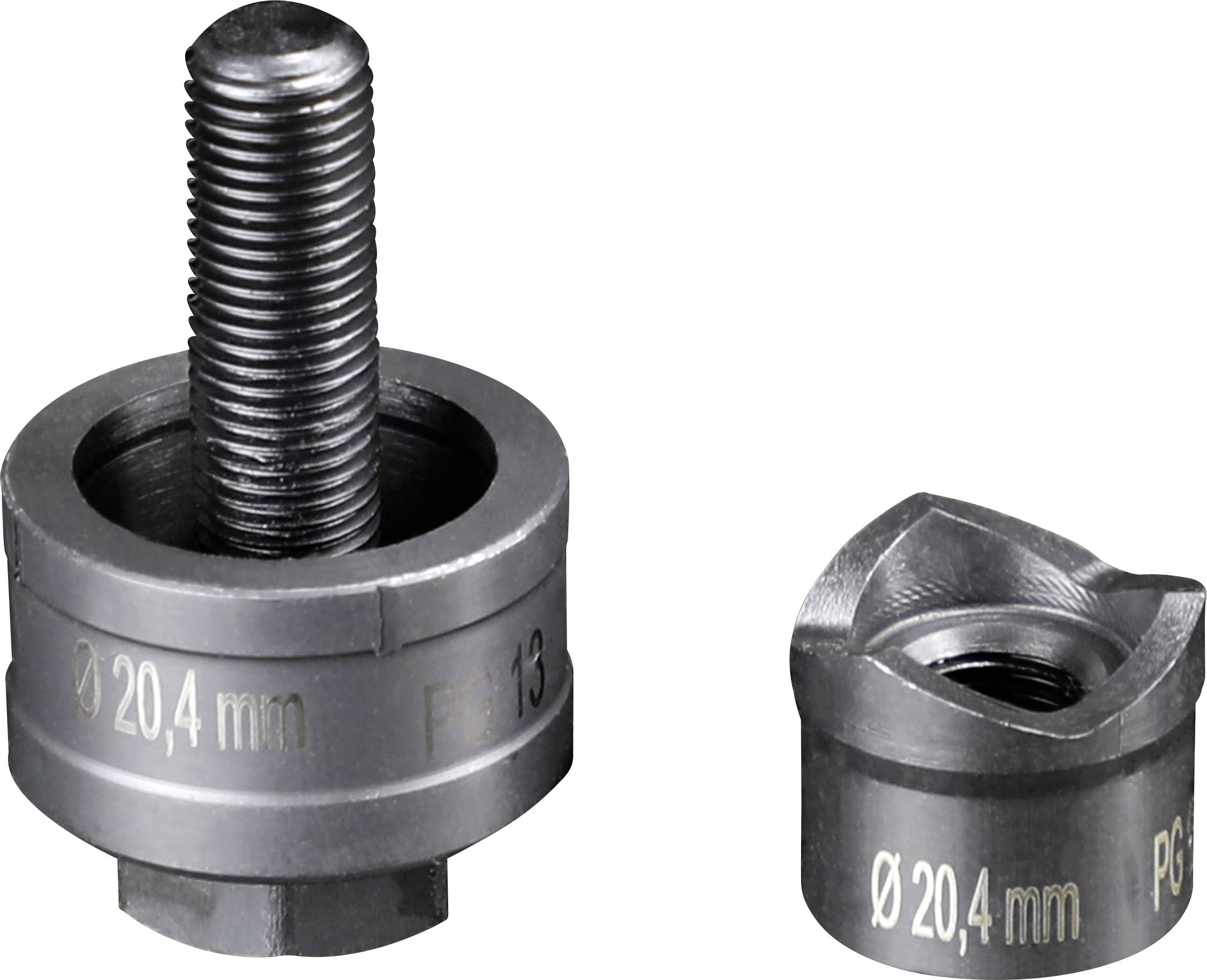 Deux embouts de perceuse en métal : À gauche, un embout plus grand avec un filetage, à droite un embout plus petit. Les deux portant l'inscription 'Ø 20,4 mm'.