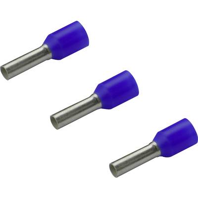 Trois connecteurs de câble bleus en plastique et en métal, disposés en ligne diagonale sur un fond blanc.