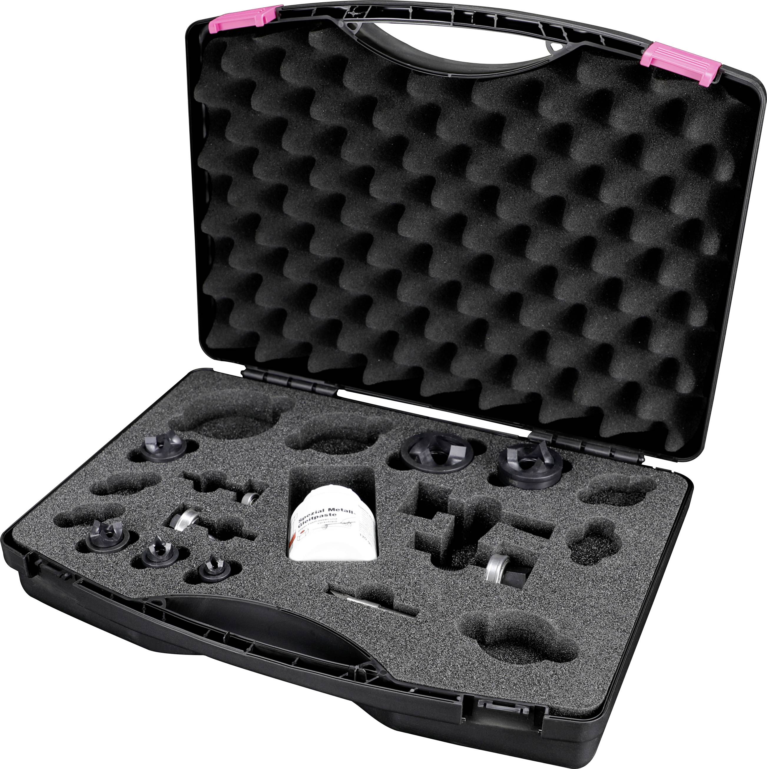 Une valise noire avec doublure en mousse contient diverses pièces d'instruments circulaires et un petit récipient de liquide.