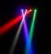 Trois rayons lumineux en rouge, vert et bleu, concentrés et dirigés vers le bas dans un espace sombre, créent un spectre lumineux coloré.