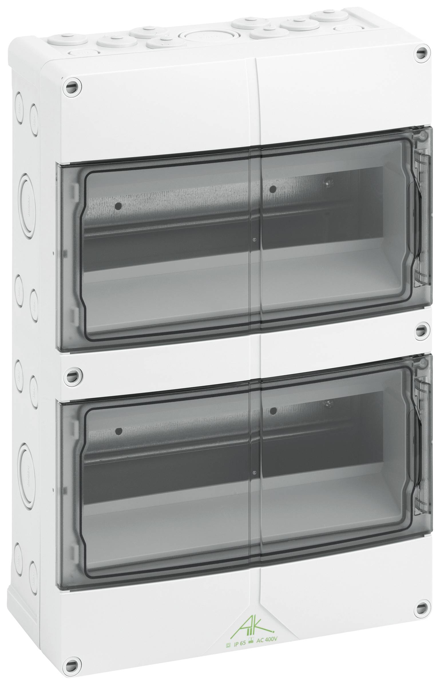 Un boîtier de sécurité gris, rectangulaire, doté de deux portes transparentes, permettant l'installation de fusibles électriques.