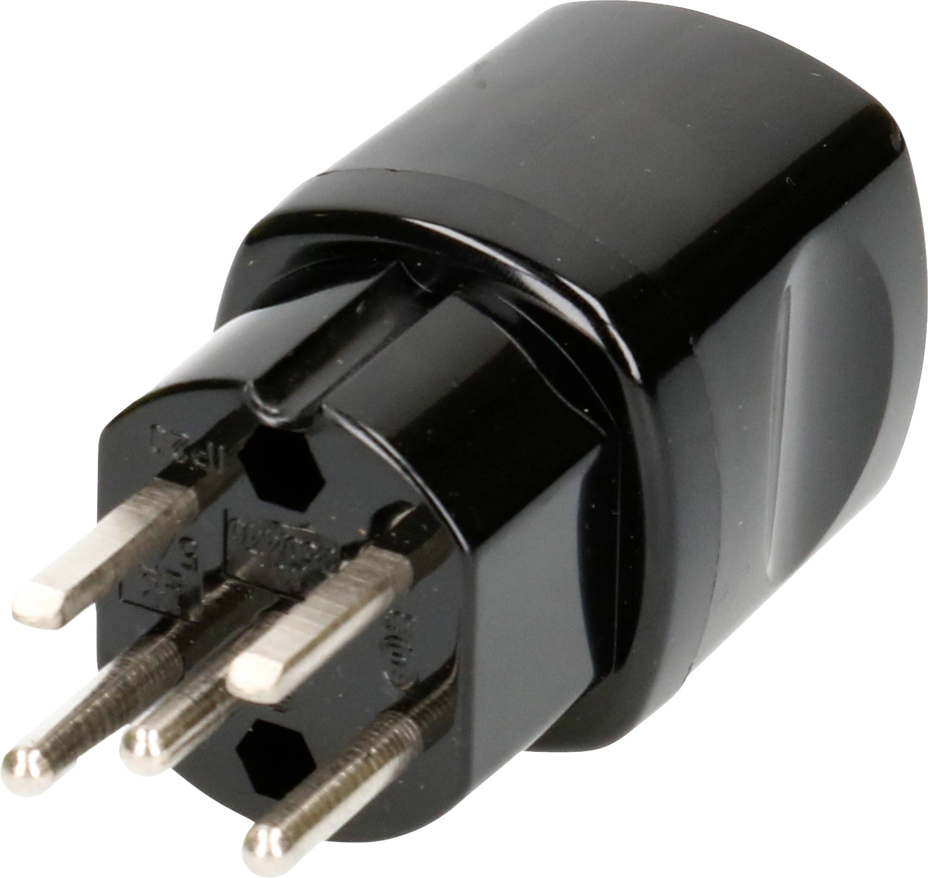 Un adaptateur électrique noir avec trois broches rondes disposées en formation triangulaire, couramment utilisé pour les connexions électriques en Afrique du Sud.