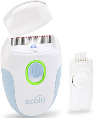 Un épilateur électrique avec un boîtier bleu et blanc et un couvercle de protection amovible, à côté d'une brosse de nettoyage, le tout sur un fond blanc.