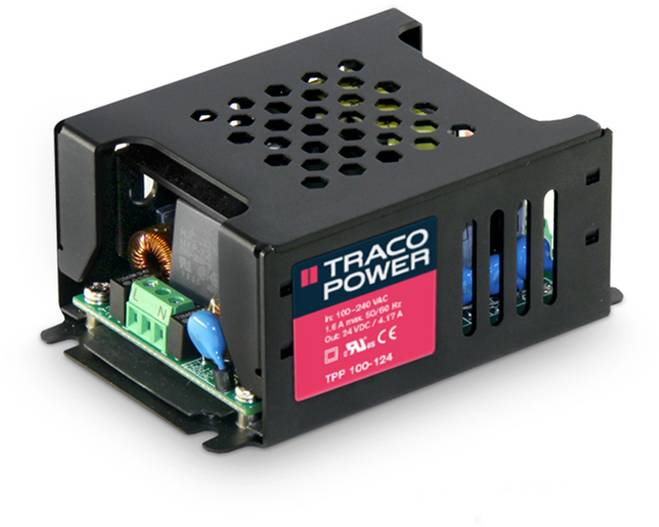 Bloc d'alimentation industriel à découpage dans un boîtier noir avec le logo Traco Power, composants électroniques visibles, adapté aux applications techniques.
