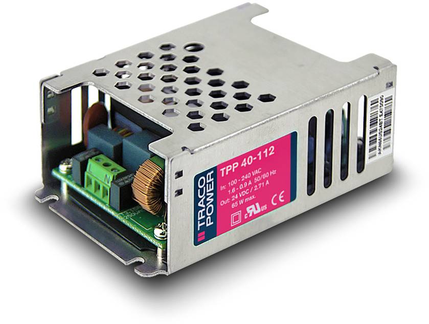 Un boîtier métallique avec bloc d'alimentation, modèle 'TPP 40-112' de Traco Power, présente des composants électroniques et des fentes de ventilation.