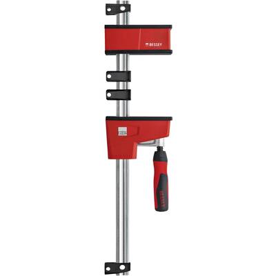 Serre-joint rouge individuel de la marque 'BESSEY' avec tige métallique grise et poignée noire, adapté pour maintenir des pièces de travail.