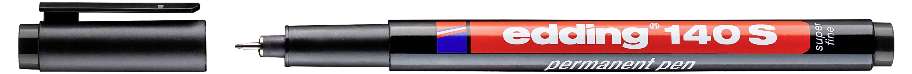 Stylo marqueur permanent noir avec capuchon retiré, étiqueté e-edding 140 S sur le corps.