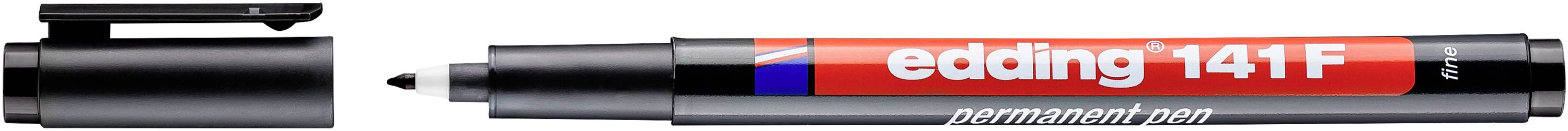 Marqueur permanent Black Edding 141 F avec le capuchon retiré, montrant la pointe fine et l'étiquette du corps.