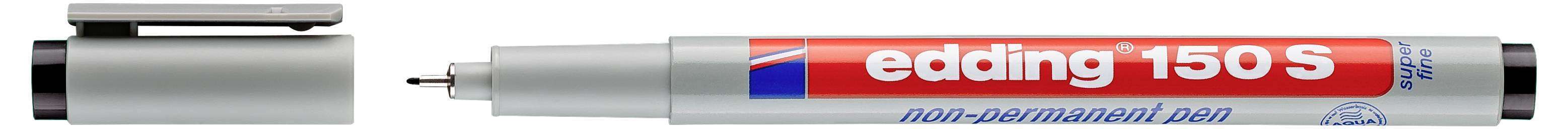 Un stylo non-permanent Edding 150 S argent et rouge avec le capuchon retiré, montrant la pointe et l'étiquette du corps.