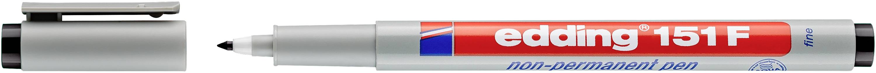 Marqueur gris et un stylo non-permanent Edding 151F argenté avec une étiquette rouge et blanche, présentés côte à côte sur un fond blanc.