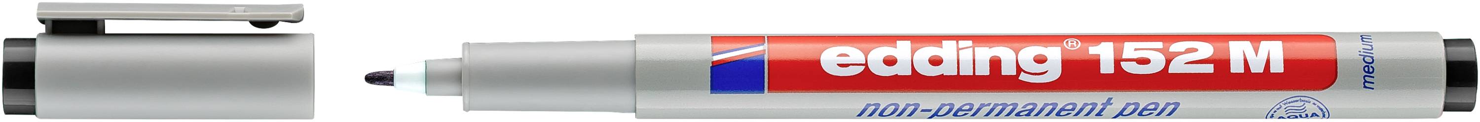 Un stylo non-permanent argenté avec le capuchon retiré, montrant la pointe noire et l'étiquette « edding 152 M ».