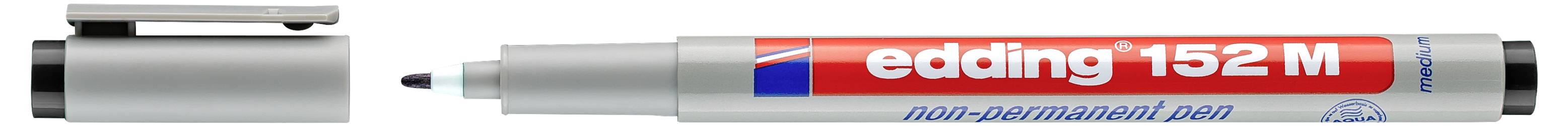 Un stylo Edding 152 M non permanent de couleur argent et rouge avec le capuchon retiré, montrant la pointe du stylo et la marque sur le corps.