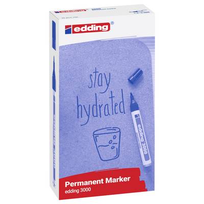 Boîte de marqueurs permanents edding 3000, présentée avec l'inscription « stay hydrated » écrite à la main en bleu et un dessin de tasse sur l'emballage.