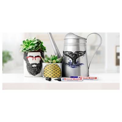 Scène de table décorée avec deux plantes grasses en pot, un arrosoir métallique et deux marqueurs rouges « edding 3000 » sur un fond clair.