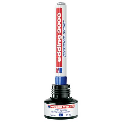 Une bouteille de recharge de marqueur permanent Edding 3000 rouge et argentée avec un bouchon noir, étiquetée edding MTK 25, 25 ml.
