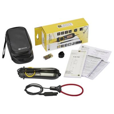 Appareil de test électrique avec accessoires : sacoche de transport, câbles, batteries et instructions sur une table. L'emballage indique 'C.A 757'.