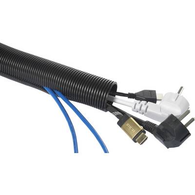 Un gaine de protection noir contient différents types de câbles, notamment des câbles HDMI et des câbles d'alimentation qui dépassent de la gaine.