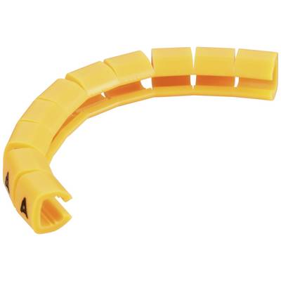 Marqueur de câble en plastique jaune de forme incurvée, composé de segments individuels interconnectés avec des découpes ouvertes.