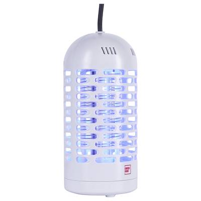Un destructeur d'insectes électrique blanc au design cylindrique et à la lumière bleue luisante, utilisé pour attirer et éliminer les insectes à l'intérieur.