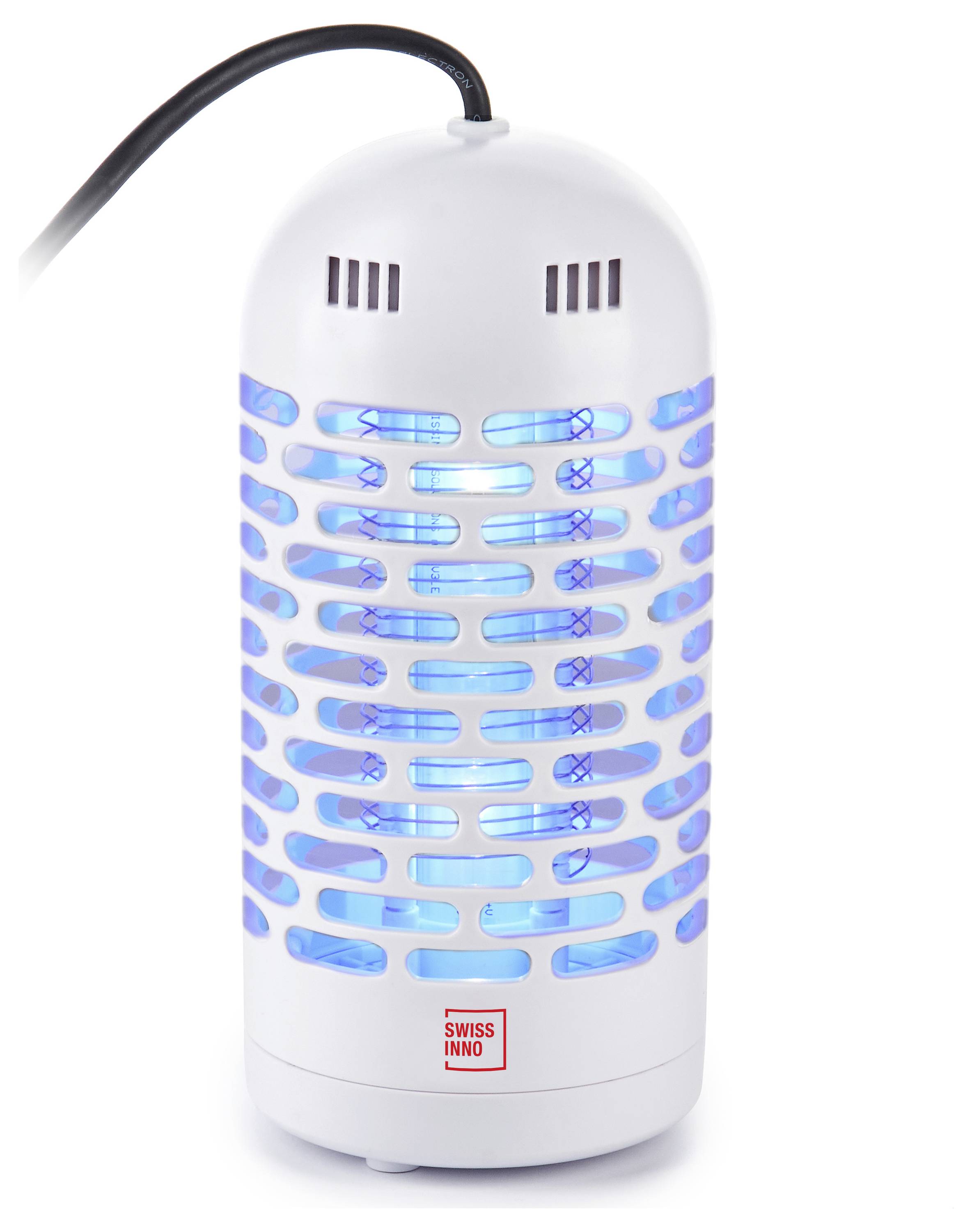 Lampe anti-insectes avec grille lumineuse bleue, design cylindrique blanc, logo 'Swiss Inno' à la base, cordon d'alimentation attaché au sommet.