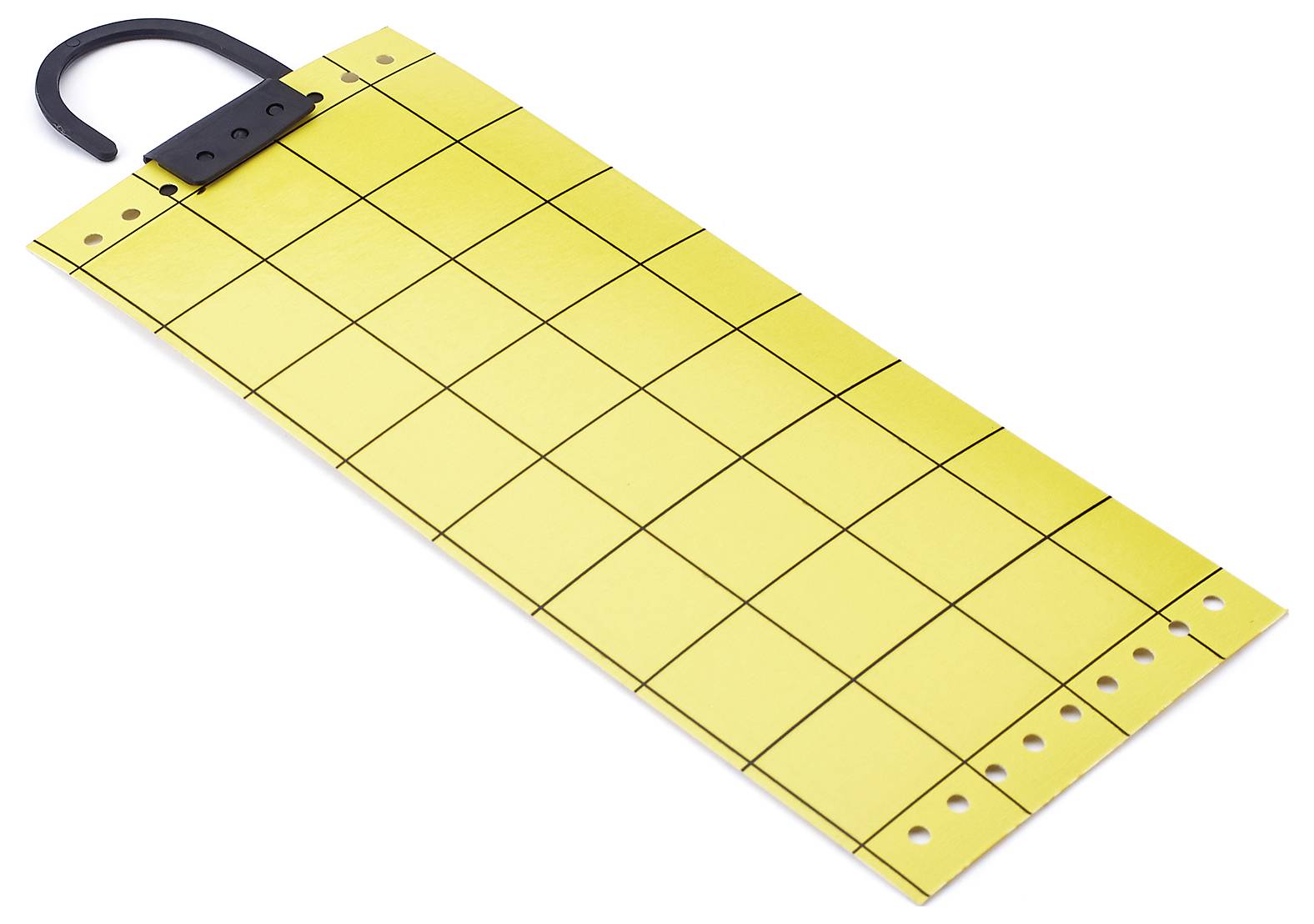 Un plateau de puzzle tangram rectangulaire long, jaune, avec un motif de grille et une poignée noire à une extrémité, utilisé à des fins éducatives.