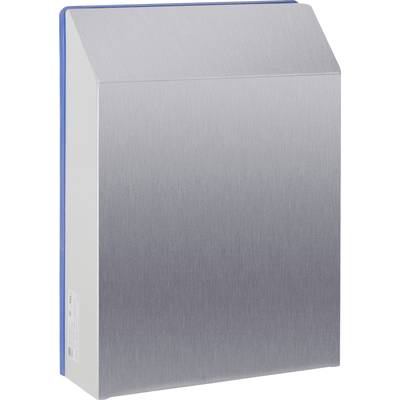 Objet métallique argenté de forme rectangulaire, avec un dessus biseauté. Sa fonction et son contexte demeurent inconnus.
