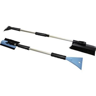 Deux grattoirs à glace avec brosses et manches télescopiques. En haut : Brosse noire et grattoir noir. En bas : Brosse bleue et grattoir bleu.
