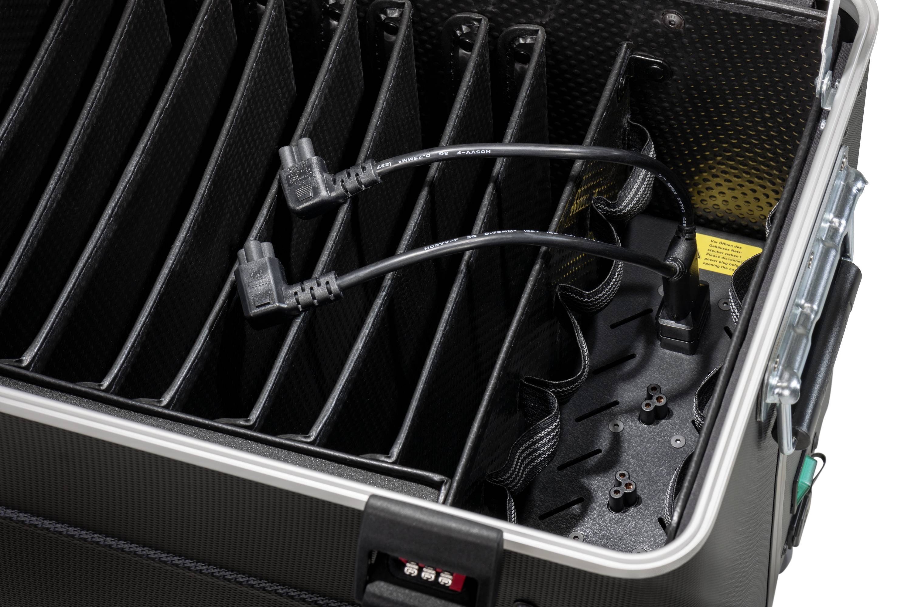 Valise rigide à plusieurs compartiments, avec deux câbles réseau et un intérieur décoratif.