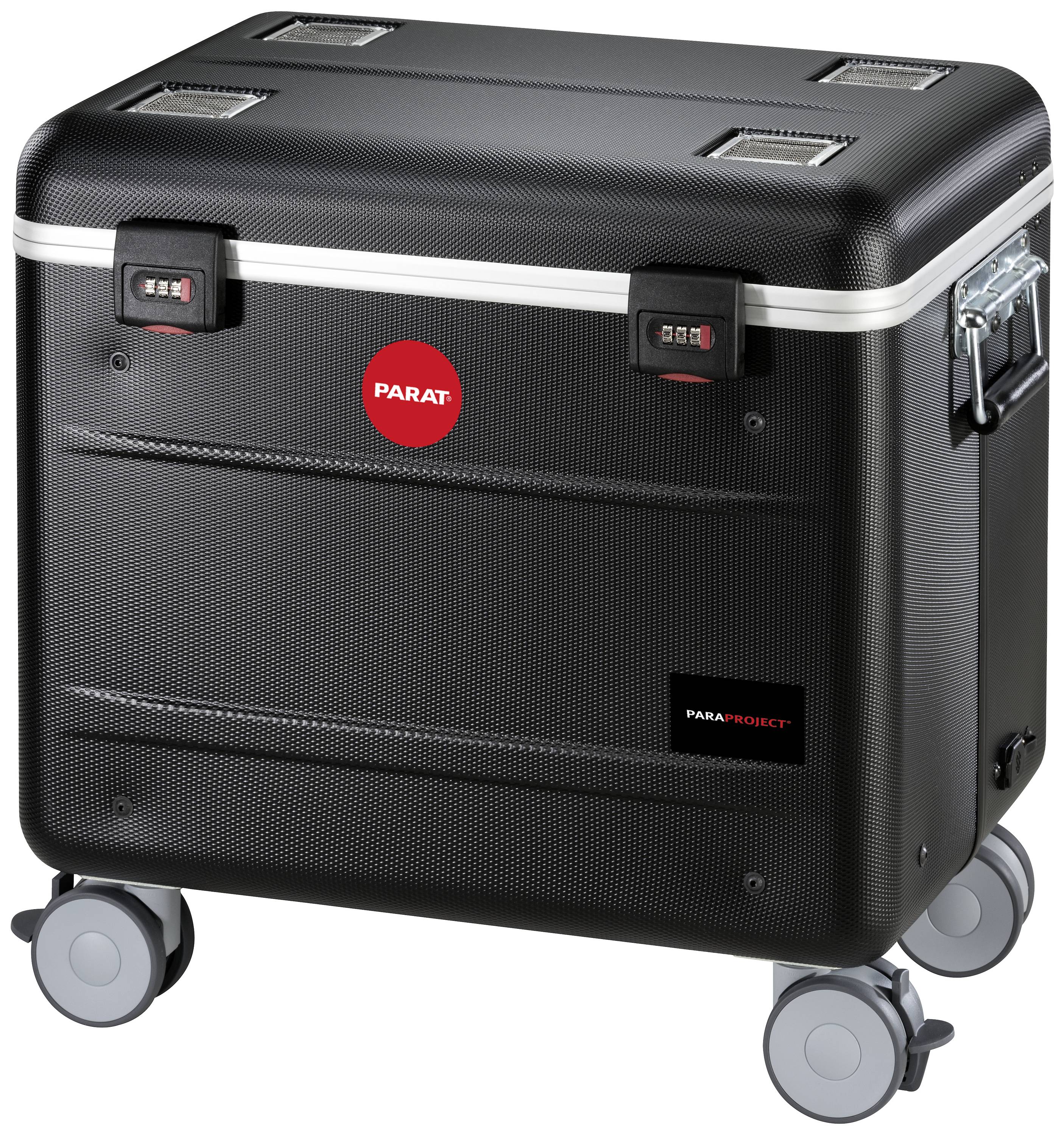 Une valise rigide noire sur roulettes, avec un logo rouge 'PARAT' et deux serrures à combinaison sur le bord supérieur.